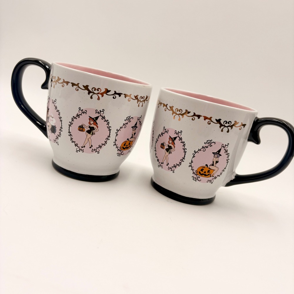Set of 2 Retro Pin Up Witch Halloween Mugs Pink Interior Gold Filigree Ceramic